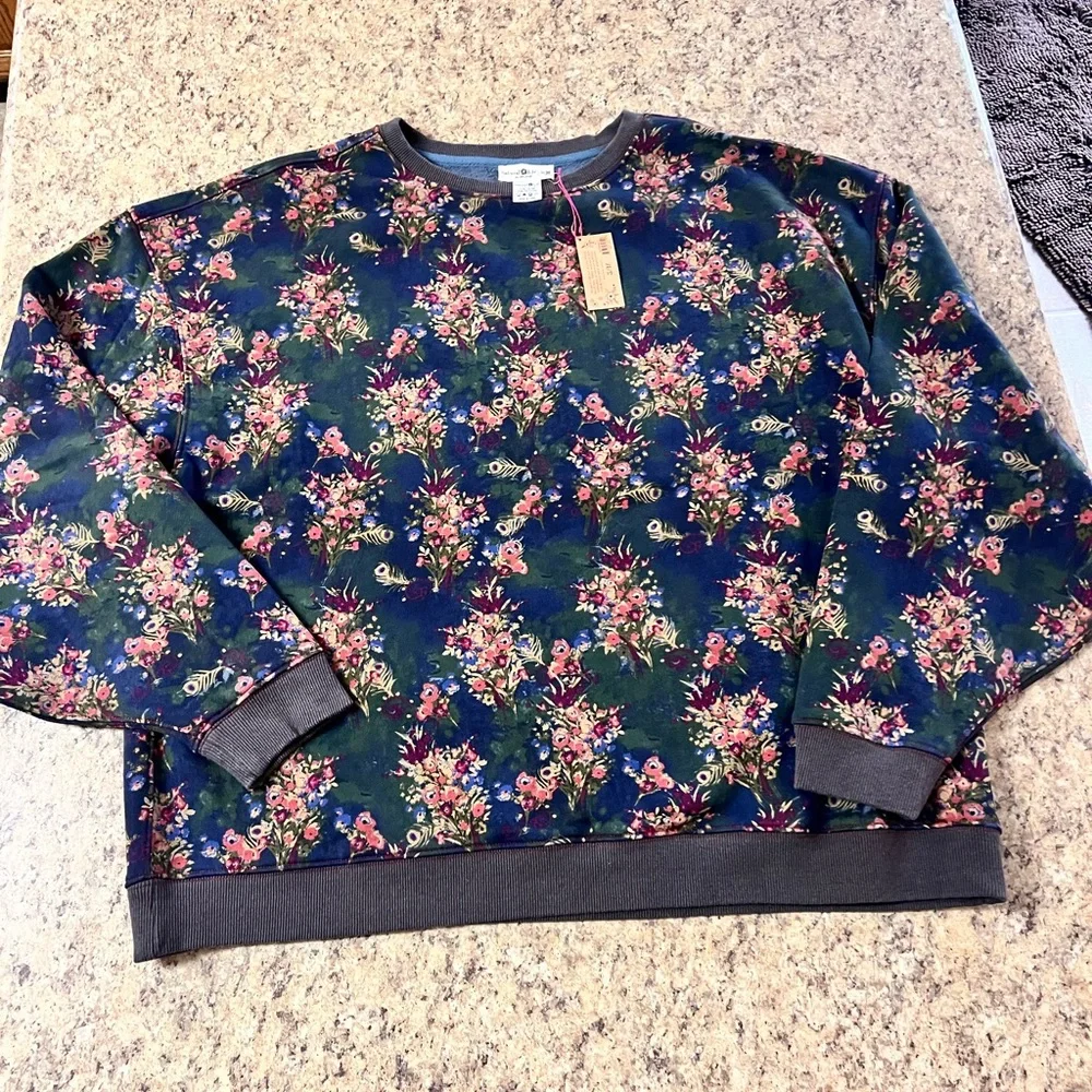 NWT NATURAL LIFE reversible oversized Navy Floral Pullover sweatshirt sweater SM - Picture 3 of 4